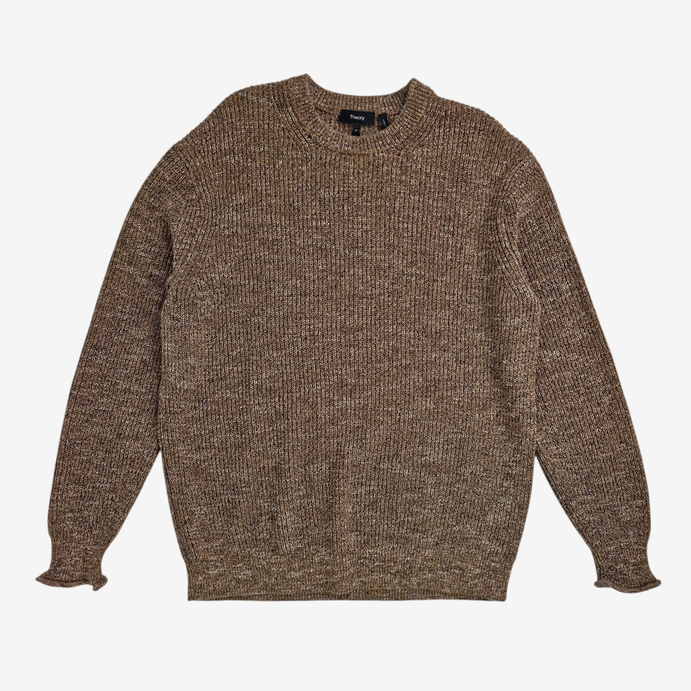Theory Men’s Sweater M Neal Crew Fresco Tweed Cotton Recycled Knit Brown